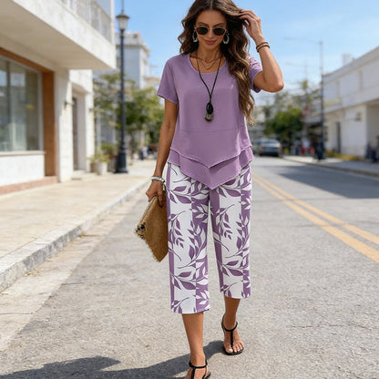 👗 50% OFF NOW! 🌿 Casual Round Neck Layered Tunic Top & Wide Leg Pants Set – Asymmetrical Hem, Printed Pants & Breathable ✨
