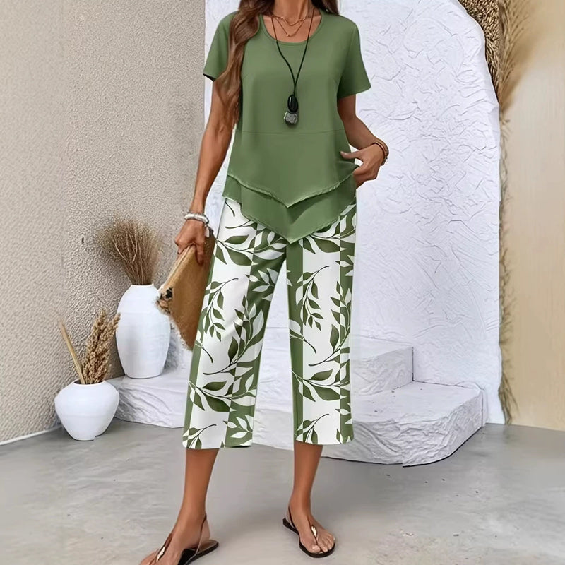 👗 50% OFF NOW! 🌿 Casual Round Neck Layered Tunic Top & Wide Leg Pants Set – Asymmetrical Hem, Printed Pants & Breathable ✨