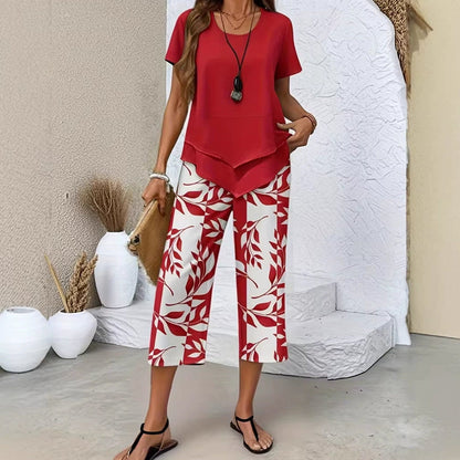 👗 50% OFF NOW! 🌿 Casual Round Neck Layered Tunic Top & Wide Leg Pants Set – Asymmetrical Hem, Printed Pants & Breathable ✨