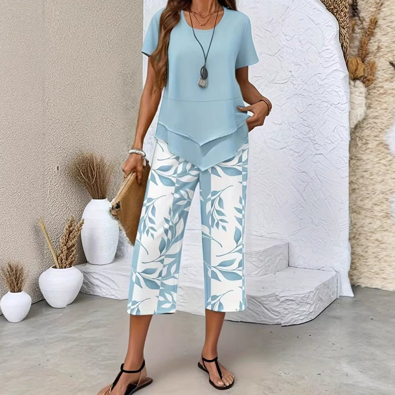 👗 50% OFF NOW! 🌿 Casual Round Neck Layered Tunic Top & Wide Leg Pants Set – Asymmetrical Hem, Printed Pants & Breathable ✨