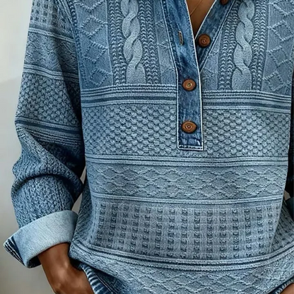 Women’s Denim Patchwork Lapel Long-Sleeve Shirt