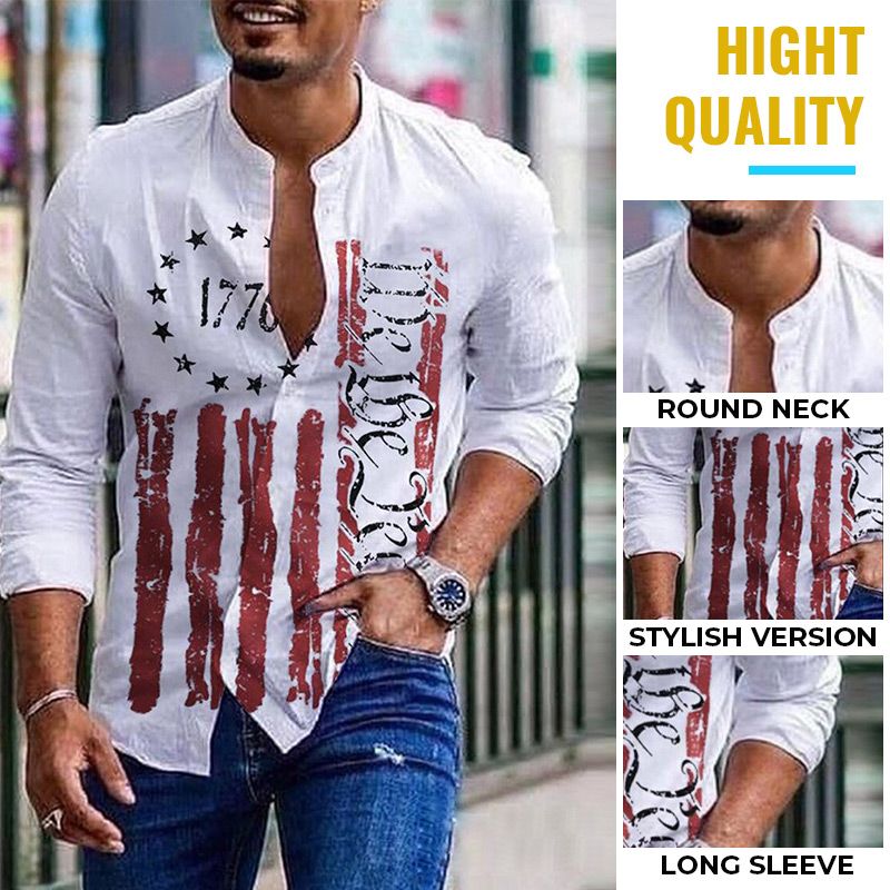 Men's Round Neck Cotton Linen Print Long Sleeve Shirt