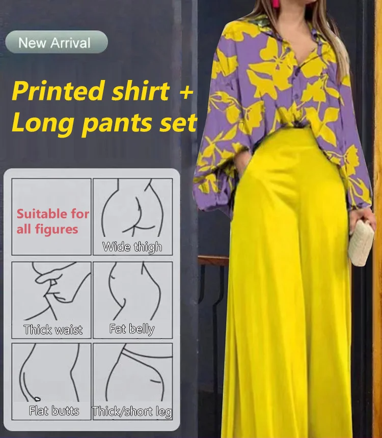 Women's Floral Print Shirt and High Waist Wide Leg Pants(1 set)